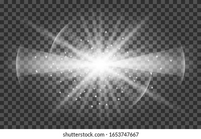 White glowing light burst explosion with transparent. Vector illustration for cool effect decoration with ray sparkles. Bright star. Transparent shine gradient glitter, bright flare. Glare texture.