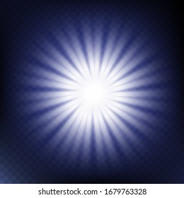 White glowing light burst explosion. Vector illustration for cool effect decoration with ray sparkles. Bright star. Transparent shine gradient glitter, bright flare. Glare texture.