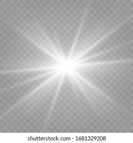 White glowing light burst explosion, transparent. Vector illustration for cool effect decoration with ray sparkles. Bright star. Transparent shine gradient glitter, bright flare. Glare texture.
