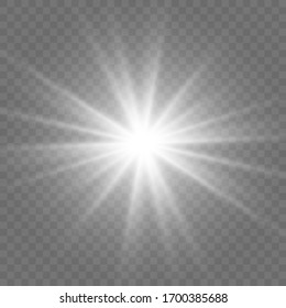 White glowing light burst explosion, transparent. Vector illustration for cool effect decoration with ray sparkles. Bright star. Transparent shine gradient glitter, bright flare. Glare texture.