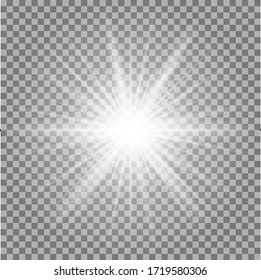 White glowing light burst explosion transparent. Vector illustration for cool effect decoration with ray sparkles. Bright star. Transparent shine gradient glitter, bright flare. Glare texture.