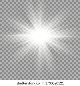 White glowing light burst explosion with transparent. Vector illustration for cool effect decoration with ray sparkles. Bright star. Transparent shine gradient glitter, bright flare. Glare texture.