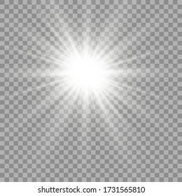 White glowing light burst explosion with transparent background. Vector illustration for cool effect decoration with ray sparkles. Bright star. Transparent shine gradient glitter, bright flare. Glare texture.