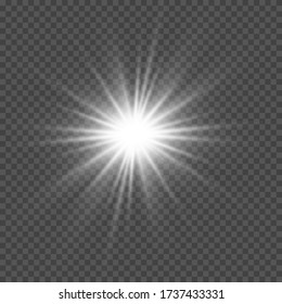 White glowing light burst explosion with transparent. Vector illustration for cool effect decoration with ray sparkles. Bright star. Transparent shine gradient glitter, bright flare. Glare texture