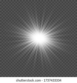 White glowing light burst explosion with transparent. Vector illustration for cool effect decoration with ray sparkles. Bright star. Transparent shine gradient glitter, bright flare. Glare texture