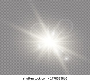 La luz blanca resplandeciente estalló con una explosión transparente. Ilustración vectorial para la decoración de efecto fresco con destellos de rayas. Estrella brillante. Deslumbrador transparente de gradiente de brillo, brillo brillante. Textura de vidrio.