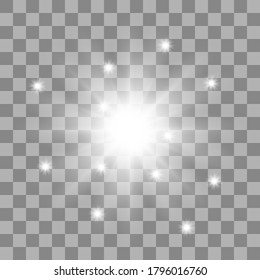 White glowing light burst explosion transparent. Vector illustration for cool effect decoration with ray sparkles. Bright star. Transparent shine gradient glitter, bright flare. Glare texture