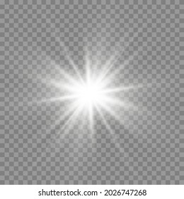 White glowing light burst explosion with transparent. Vector illustration for cool effect decoration with ray sparkles. Bright star. Transparent shine gradient glitter, bright flare. Glare texture.