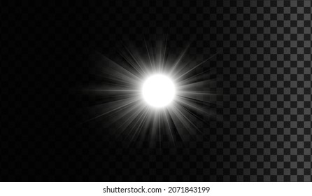 Weißes Licht brach Explosion mit transparenter Oberfläche aus. Vektorgrafik zur coolen Dekoration mit Strahlfunkeln. Heller Stern. Transparenter glänzender Farbverlauf-Glitter, heller Fackel. Glatte Textur.