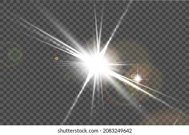 White glowing light burst explosion on transparent background. Vector illustration light effect decoration with ray. Bright star. Translucent shine sun, bright flare. Center vibrant flash.