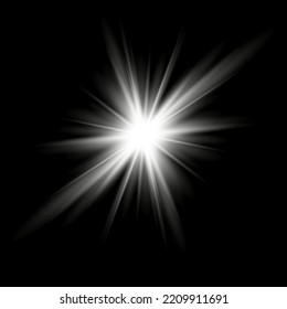 Weißes Licht brach Explosion mit transparenter Oberfläche aus. Vektorgrafik zur coolen Dekoration mit Strahlfunkeln. Heller Stern. Transparenter glänzender Farbverlauf-Glitter, heller Fackel. Glatte Textur.
