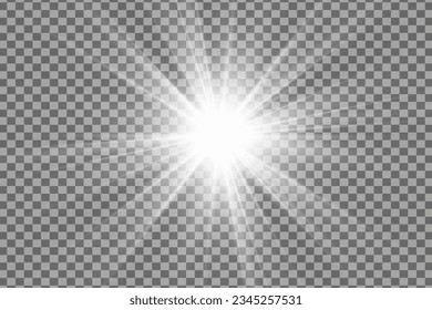 White glowing light burst explosion with transparent. Vector illustration for cool effect decoration with ray sparkles. Bright star. Transparent shine gradient glitter, bright flare. Glare texture.