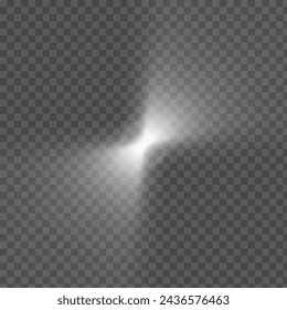 Explosión explosiva de luz blanca brillante . Ilustración vectorial para un efecto de decoración fresco con destellos de rayos. Una estrella brillante. Degradado transparente del brillo, destello brillante. 