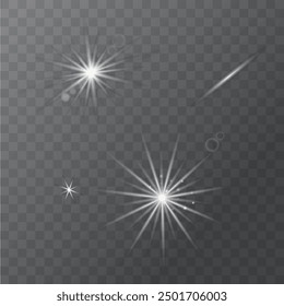 Weiß leuchtendes Licht platzt Explosion mit transparentem. Vektorgrafik für coole Effektdekoration mit Funkenstrahlen. Heller Stern. Transparenter Glanz Glitter, helle Fackel. Blendung.
