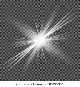 White glowing light burst explosion transparent. Vector illustration for cool effect decoration with ray sparkles. Bright star. Transparent shine gradient glitter, bright flare. Glare texture.