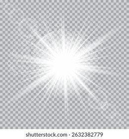 Explosão de rajada de luz brilhante branca transparente. Ilustração vetorial para decoração de efeito frio com cintilações de raio. Estrela brilhante. Textura com brilho, vazamentos de luz e brilho no formato PNG. Exacerbação da luz solar PNG.