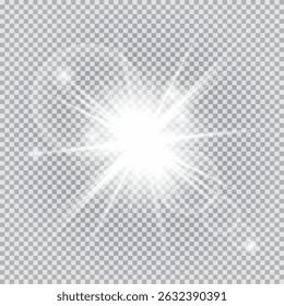 White glowing light burst explosion with transparent. Vector illustration for cool effect decoration with ray sparkles. Bright star. Transparent shine gradient glitter, bright flare. Glare texture.