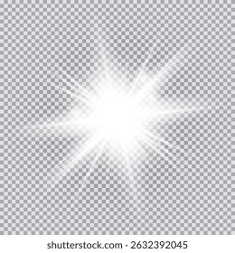 White glowing light burst explosion transparent. Vector illustration for cool effect decoration with ray sparkles. Bright star. Transparent shine gradient glitter, bright flare. Glare texture.