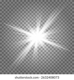 White glowing light burst explosion transparent. Vector illustration for cool effect decoration with ray sparkles. Bright star. Transparent shine gradient glitter, bright flare. Glare texture.