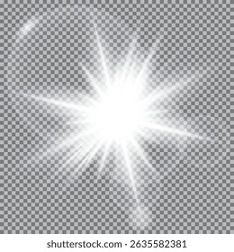 White glowing light burst explosion transparent. Vector illustration for cool effect decoration with ray sparkles. Bright star. Transparent shine gradient glitter. Glare textur. PNG sunlight.
