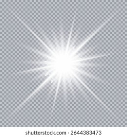 White glowing light burst explosion with transparent. Vector illustration for cool effect decoration with ray sparkles. Bright star. Transparent shine gradient glitter, bright flare. Glare texture.