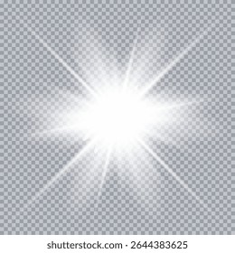 Explosão de explosão de luz brilhante branca com transparente. Ilustração vetorial para decoração de efeito frio com cintilações de raio. Estrela brilhante. Brilho transparente gradiente brilho brilho, brilho brilhante. Textura brilhante.