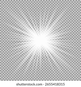 White glowing light burst explosion with transparent. Vector illustration for cool effect decoration with ray sparkles. Bright star. Transparent shine gradient glitter, bright flare. Glare texture.