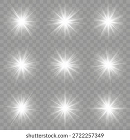 Explosión de explosión de luz brillante blanca con transparente. Estrella brillante. Resplandor de sol con explosión brillante y destello vibrante en fondo transparente. Luz flash blanco. Textura deslumbrante. Estrella brillante.