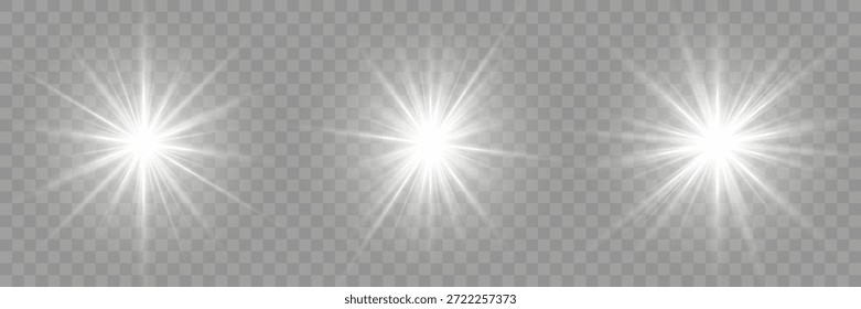 Explosión de explosión de luz brillante blanca con transparente. Estrella brillante. Estrella brillante. Luz flash blanco. Resplandor de sol con explosión brillante y destello vibrante en fondo transparente. Textura deslumbrante.