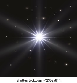 White glowing light burst explosion with transparent. Vector illustration for cool effect decoration with ray sparkles. Bright star. Transparent shine gradient glitter, bright flare. Glare texture.