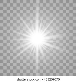 White glowing light burst explosion with transparent. Vector illustration for bright effect decoration with ray sparkles. Bright star. Transparent shine gradient burst, bright flare. Glare texture.