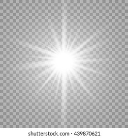 White glowing light burst explosion with transparent. Vector illustration for cool effect decoration with ray sparkles. Bright star. Transparent shine gradient glitter, bright flare. Glare texture.