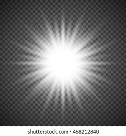 White glowing light burst explosion on transparent background. Bright flare effect decoration with ray sparkles. Transparent shine gradient glare texture. Vector illustration lights effect eps10