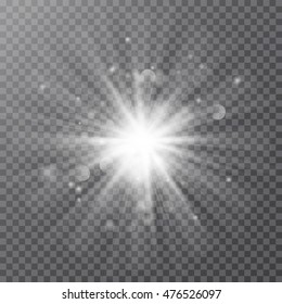 White glowing light burst explosion with transparent. Vector illustration for cool effect decoration with ray sparkles. Bright star. Transparent shine gradient glitter, bright flare. Sunrise and