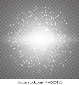 White glowing light burst explosion with transparent. Vector illustration for cool effect decoration with ray sparkles. Bright star. Transparent shine gradient glitter, bright flare. Glare texture.
