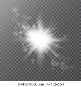 White glowing light burst explosion with transparent. Vector illustration for cool effect decoration with ray sparkles. Bright star. Transparent shine gradient glitter, bright flare. Glare texture.