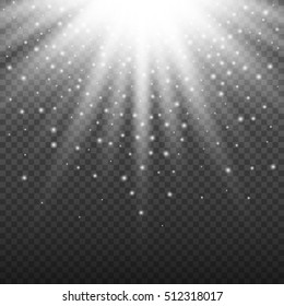 White glowing light burst explosion on transparent background. Bright flare effect decoration with ray sparkle and particles. Transparent shine gradient glare texture. Vector illustration light effect