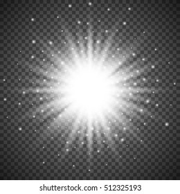 White glowing light burst explosion on transparent background. Bright flare effect decoration with ray sparkles. Transparent shine gradient glare texture. Vector illustration lights effect eps10