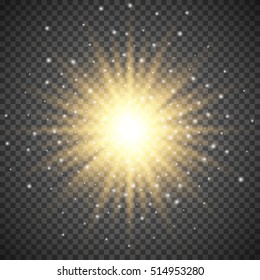 White glowing light burst explosion on transparent background. Bright flare effect decoration with ray sparkles. Transparent shine gradient glare texture. Vector illustration lights effect eps10