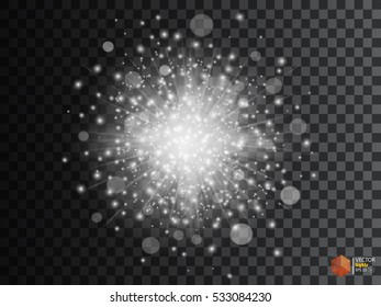 White glowing light burst explosion with transparent. Vector illustration for cool effect decoration with ray sparkles. Bright star. Transparent shine gradient glitter, bright flare. Glare texture.