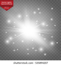 White glowing light burst explosion with transparent. Vector illustration for cool effect decoration with ray sparkles. Bright star. Transparent shine gradient glitter, bright flare. Glare texture.