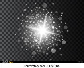 White glowing light burst explosion with transparent. Vector illustration for cool effect decoration with ray sparkles. Bright star. Transparent shine gradient glitter bright flare. Glare texture