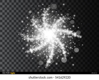 White glowing light burst explosion with transparent. Vector illustration for cool effect decoration with ray sparkles. Bright star. Transparent shine gradient glitter bright flare. Glare texture