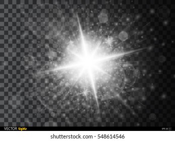 White glowing light burst explosion with transparent. Vector illustration for cool effect decoration with ray sparkles. Bright star. Transparent shine gradient glitter, bright flare. Glare texture.