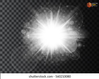 White glowing light burst explosion with transparent. Vector illustration for cool effect decoration with ray sparkles. Bright star. Transparent shine gradient glitter, bright flare. Glare texture.