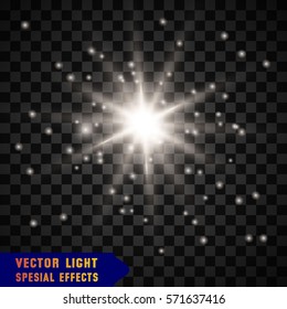 White glowing light burst explosion with transparent. Vector illustration for cool effect decoration with ray sparkles. Bright star. Transparent shine gradient glitter, bright flare. Glare texture.