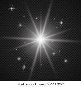 White glowing light burst explosion with transparent. Vector illustration for cool effect decoration with ray sparkles. Bright star. Transparent shine gradient glitter, bright flare. Glare texture.