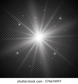 White glowing light burst explosion with transparent. Vector illustration for cool effect decoration with ray sparkles. Bright star. Transparent shine gradient glitter, bright flare. Glare texture.