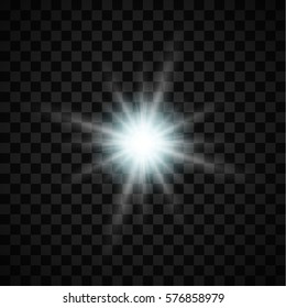 White glowing light burst explosion with transparent. Vector illustration for cool effect decoration with ray sparkles. Bright star. Transparent shine gradient glitter, bright flare. Glare texture.