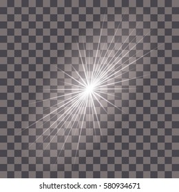 White glowing light burst explosion with transparent. Vector illustration for cool effect decoration with ray sparkles. Bright star. Transparent shine gradient glitter, bright flare. Glare texture.